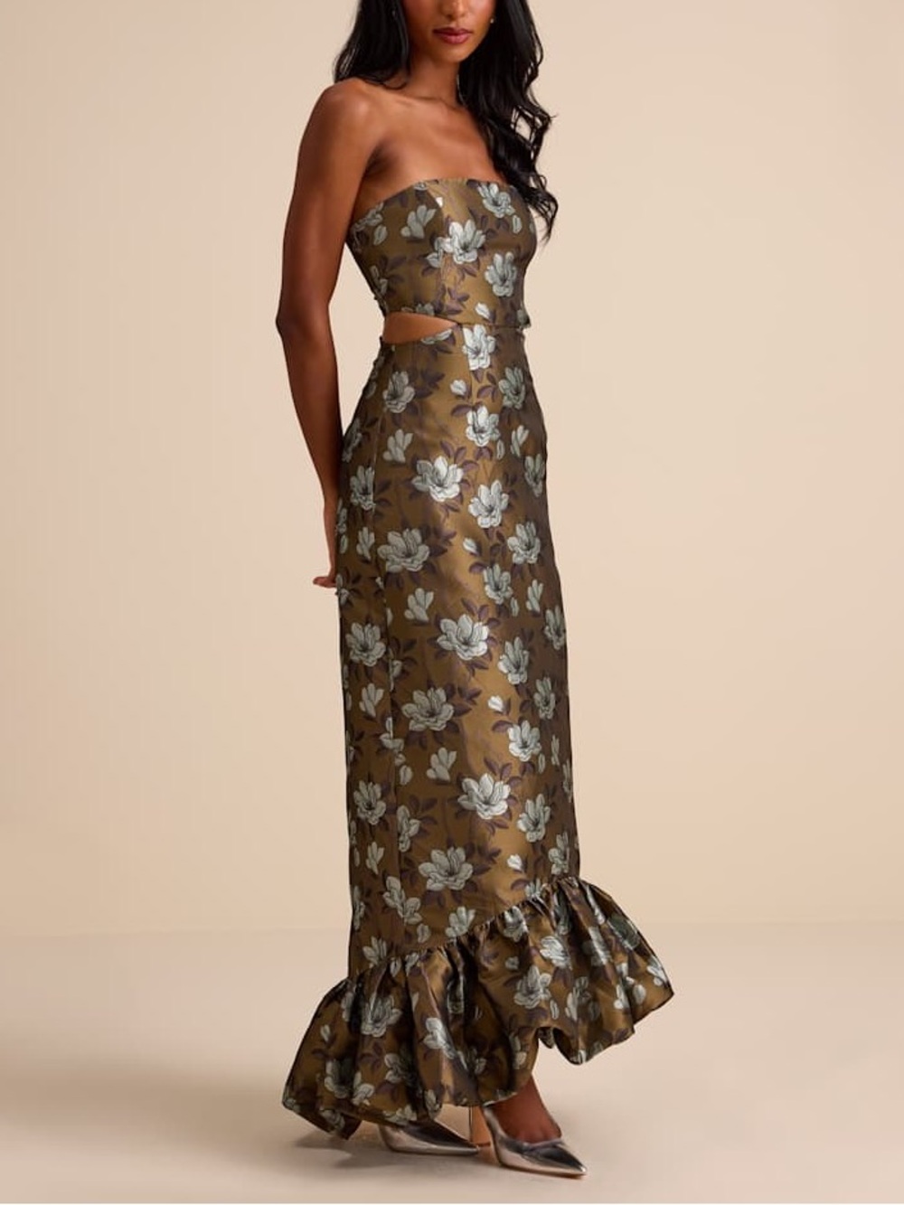 Nathania Olive Floral Jacquard Strapless Bubble Hem Maxi Dress Size S NWT